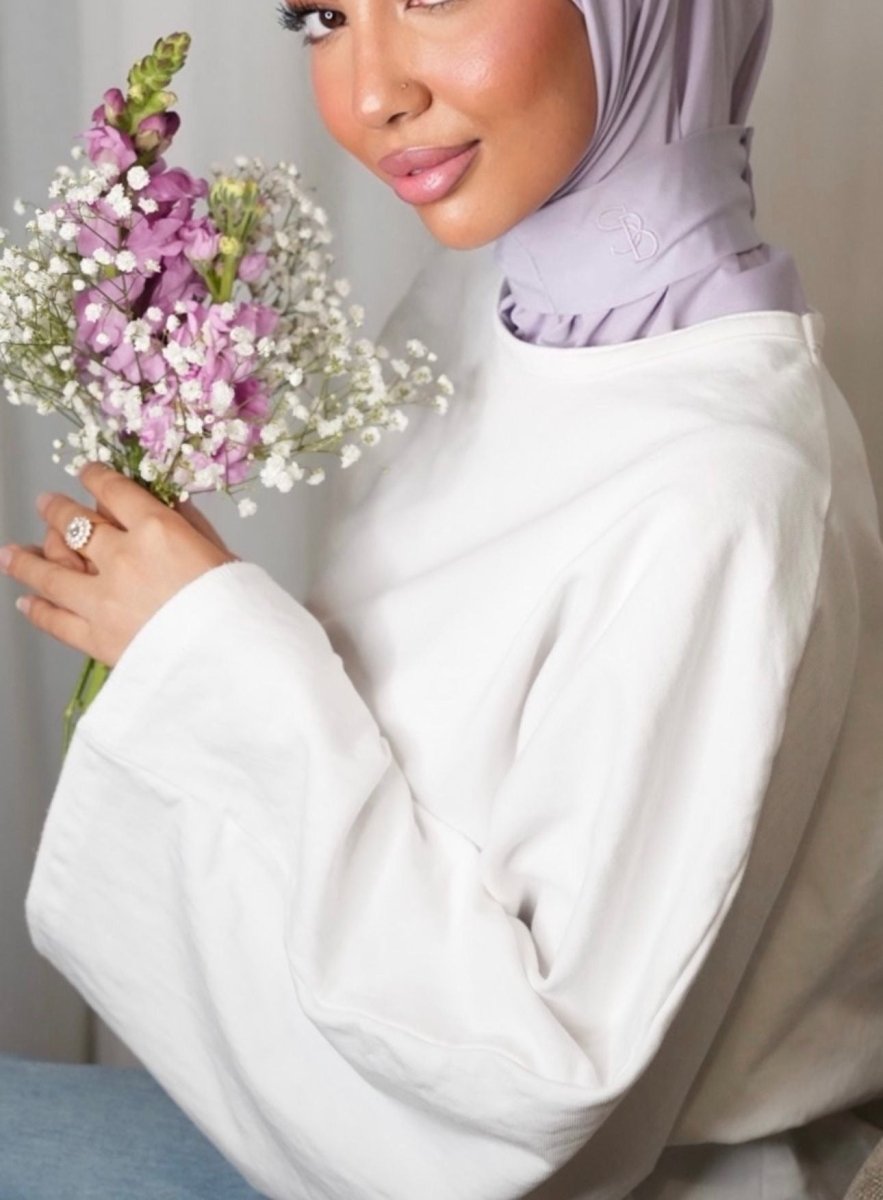 Hijab jersey premium brodé main lilas doux BySB Signature