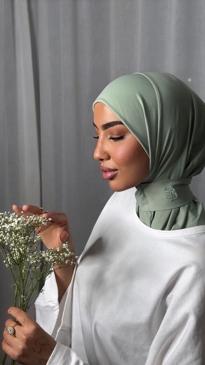 Hijab jersey premium brodé main vert menthe BySB Signature